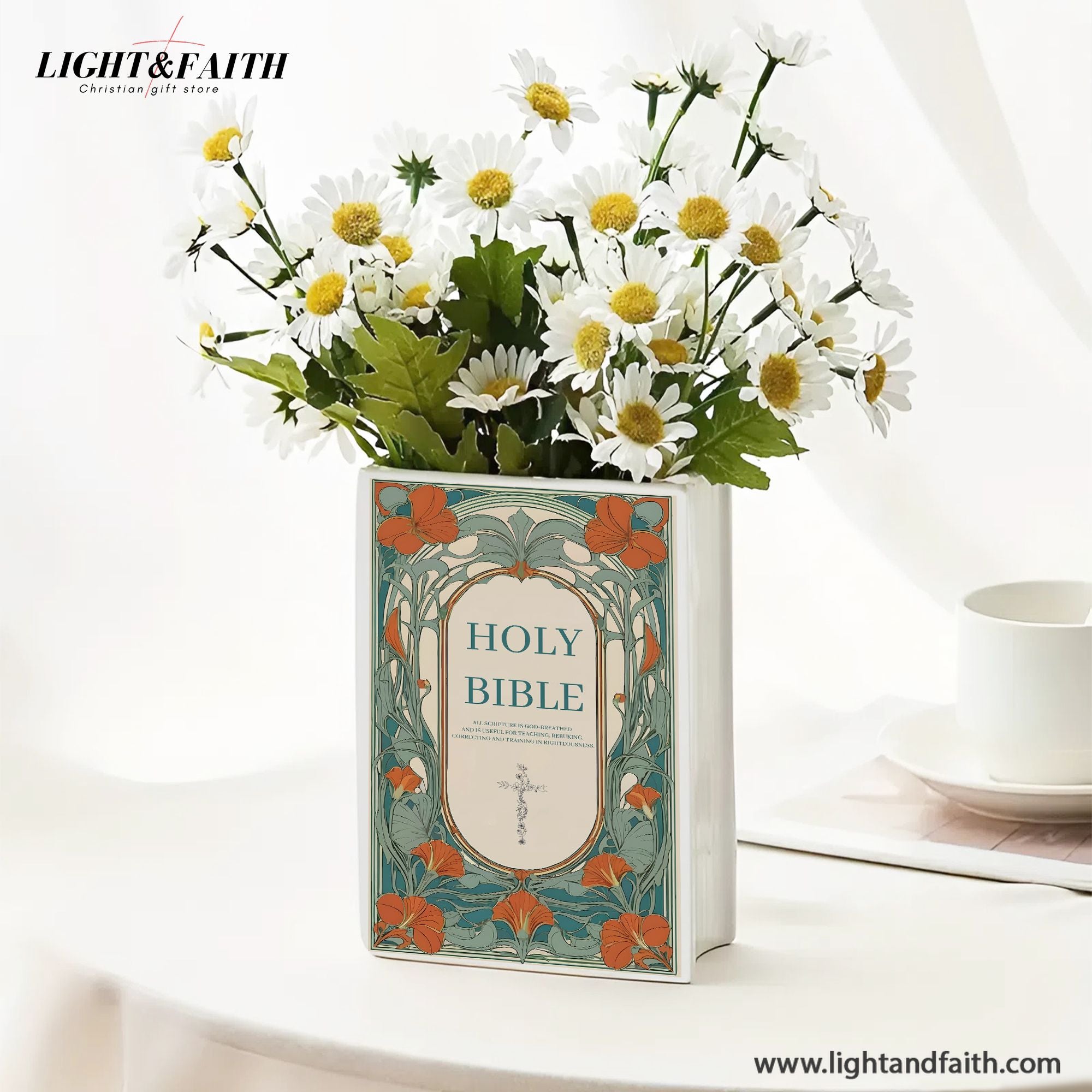 Personalized Holy Bible Vase, Ceramic Floral Book Decor with Scripture Verse, Bible Verse Book Shaped Flower Vase CBLAF13
